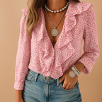 Elegant butterfly print blouse with ruffle sleeves for women, featuring a light tailored fit and stylish feminine design.