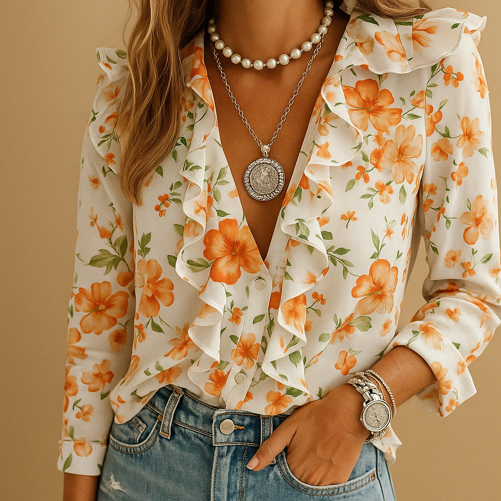 Elegant butterfly print blouse with ruffle sleeves for women, featuring a light tailored fit and stylish feminine design.