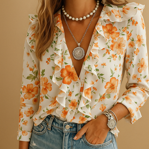 Elegant butterfly print blouse with ruffle sleeves for women, featuring a light tailored fit and stylish feminine design.