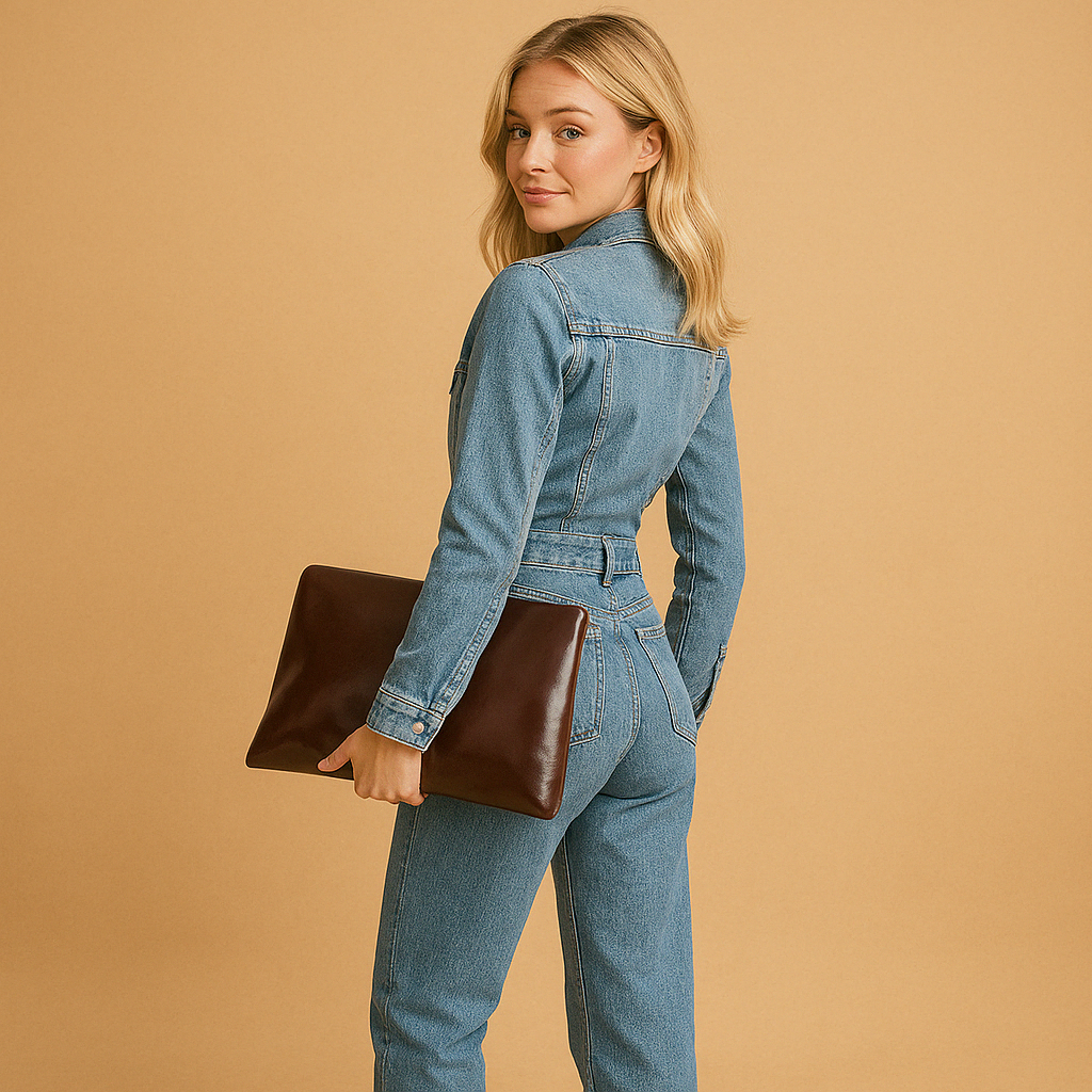 Women’s denim jumpsuit in blue with straight legs and long sleeves, ideal for everyday comfort and casual style.