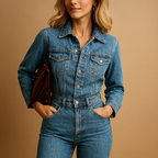 Women’s denim jumpsuit in blue with straight legs and long sleeves, ideal for everyday comfort and casual style.