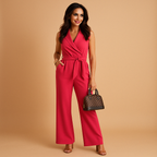 Women’s elegant wrap jumpsuit with wide legs and tailored waist, ideal for formal events, office wear, and chic gatherings.