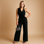 Women’s elegant wrap jumpsuit with wide legs and tailored waist, ideal for formal events, office wear, and chic gatherings.