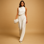 Women’s halter-neck wide leg jumpsuit with bow and pockets, ideal for summer evenings, parties, and stylish gatherings.