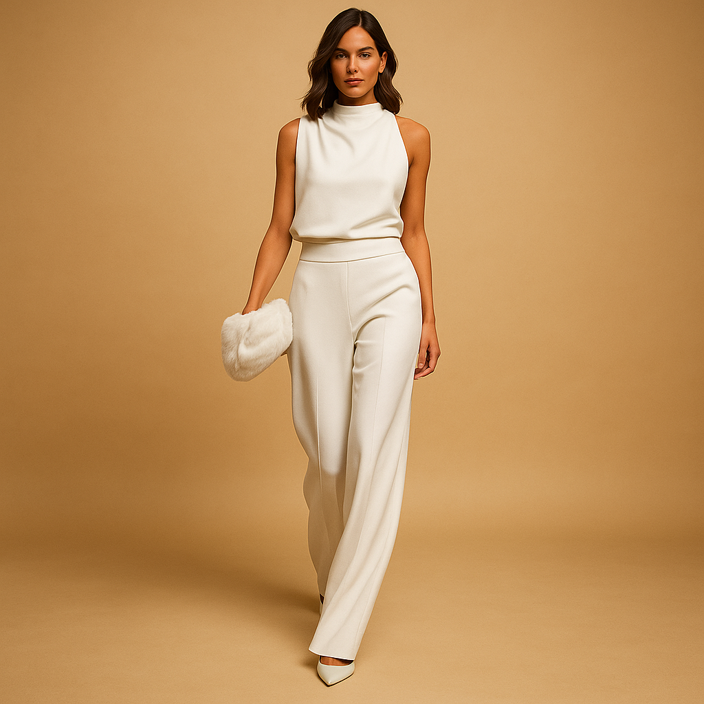 Women’s halter-neck wide leg jumpsuit with bow and pockets, ideal for summer evenings, parties, and stylish gatherings.