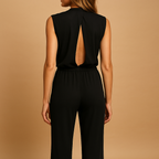 Women’s halter-neck wide leg jumpsuit with bow and pockets, ideal for summer evenings, parties, and stylish gatherings.