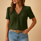Elegant lace v-neck blouse for women with intricate details and flattering fit, perfect for work or evening wear.