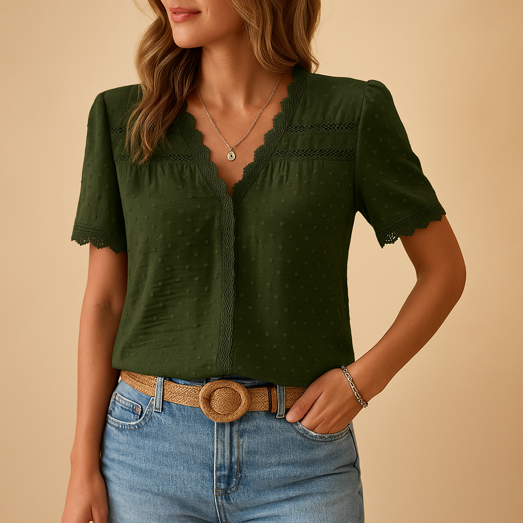 Elegant lace v-neck blouse for women with intricate details and flattering fit, perfect for work or evening wear.