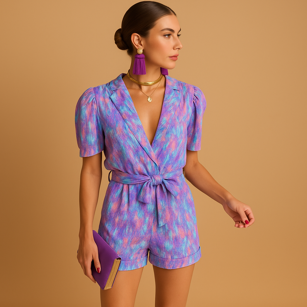 Women’s short summer jumpsuit with vibrant print, built-in belt, and flattering fit for warm days and casual events.