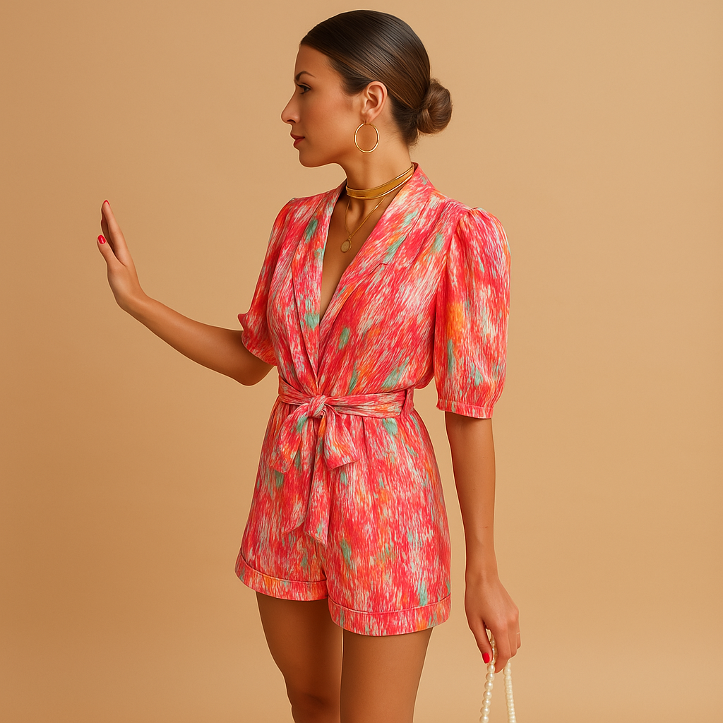 Women’s short summer jumpsuit with vibrant print, built-in belt, and flattering fit for warm days and casual events.