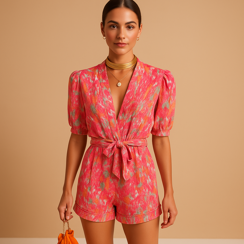 Women’s short summer jumpsuit with vibrant print, built-in belt, and flattering fit for warm days and casual events.