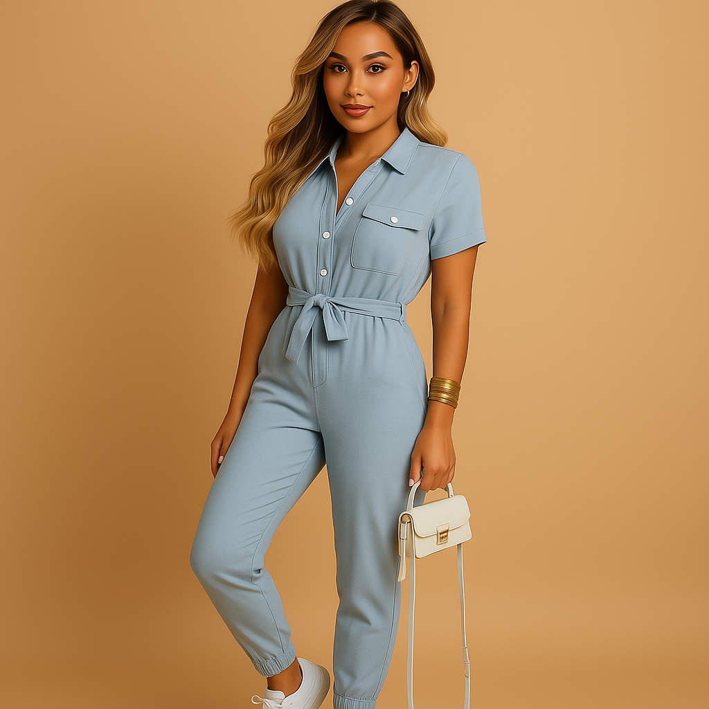 Women’s tailored jumpsuit with flattering fit and buttoned front, ideal for work, dinners, and stylish daywear.