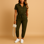 Women’s tailored jumpsuit with flattering fit and buttoned front, ideal for work, dinners, and stylish daywear.