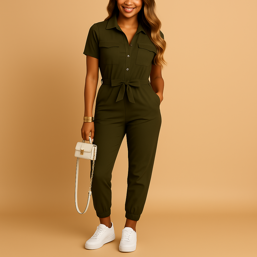 Women’s tailored jumpsuit with flattering fit and buttoned front, ideal for work, dinners, and stylish daywear.
