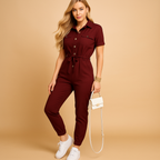 Women’s tailored jumpsuit with flattering fit and buttoned front, ideal for work, dinners, and stylish daywear.