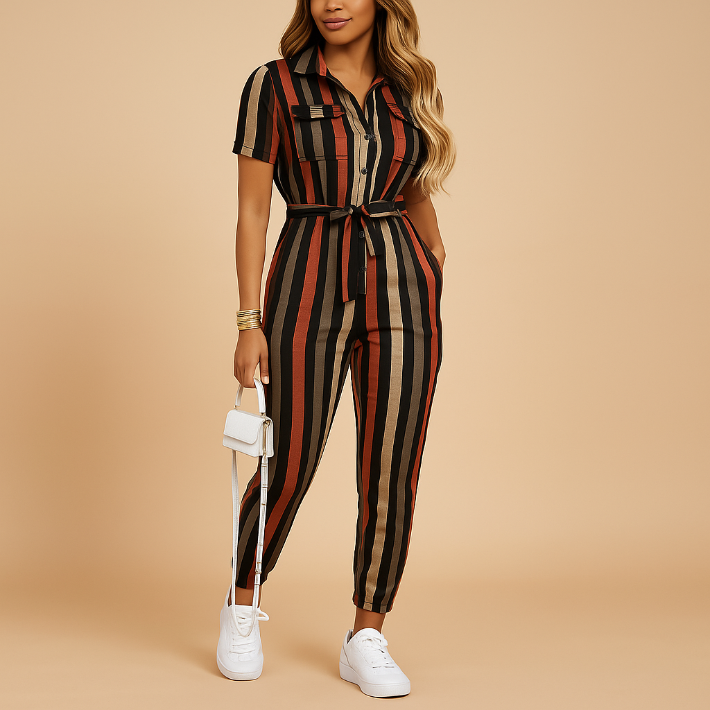 Women’s tailored jumpsuit with flattering fit and buttoned front, ideal for work, dinners, and stylish daywear.