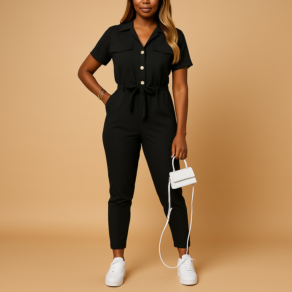 Women’s tailored jumpsuit with flattering fit and buttoned front, ideal for work, dinners, and stylish daywear.
