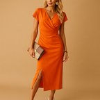 Stylish midi dress for women with V-neck and front slit, ideal for daily wear, festive occasions, or an evening out.