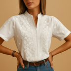 Women’s white blouse with tailored fit, classic collar, and button closure, perfect for work, casual days, or evening occasions.