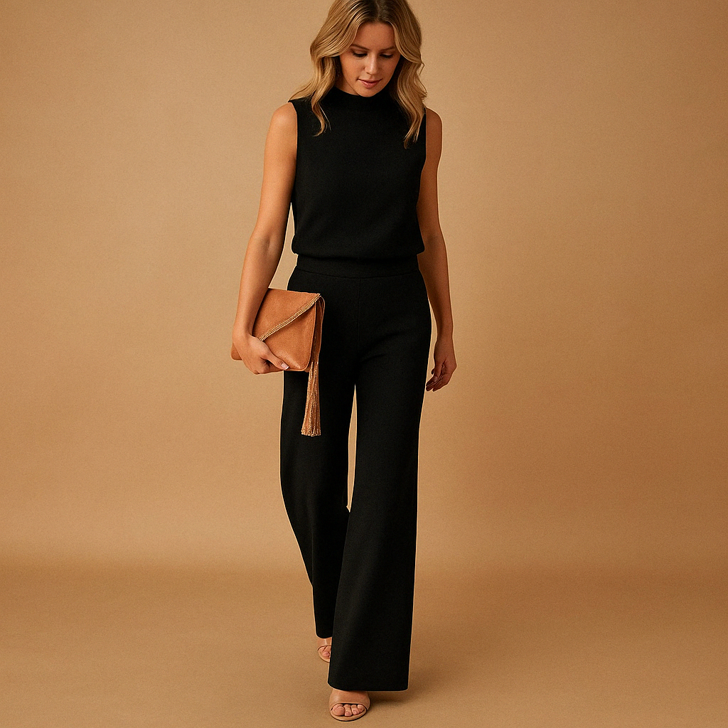Elegant women’s jumpsuit with wide legs and round neckline in pink, red, blue, or black, perfect for work or stylish evenings out.