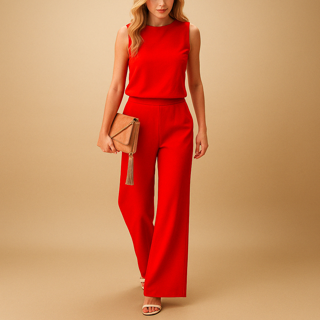 Elegant women’s jumpsuit with wide legs and round neckline in pink, red, blue, or black, perfect for work or stylish evenings out.
