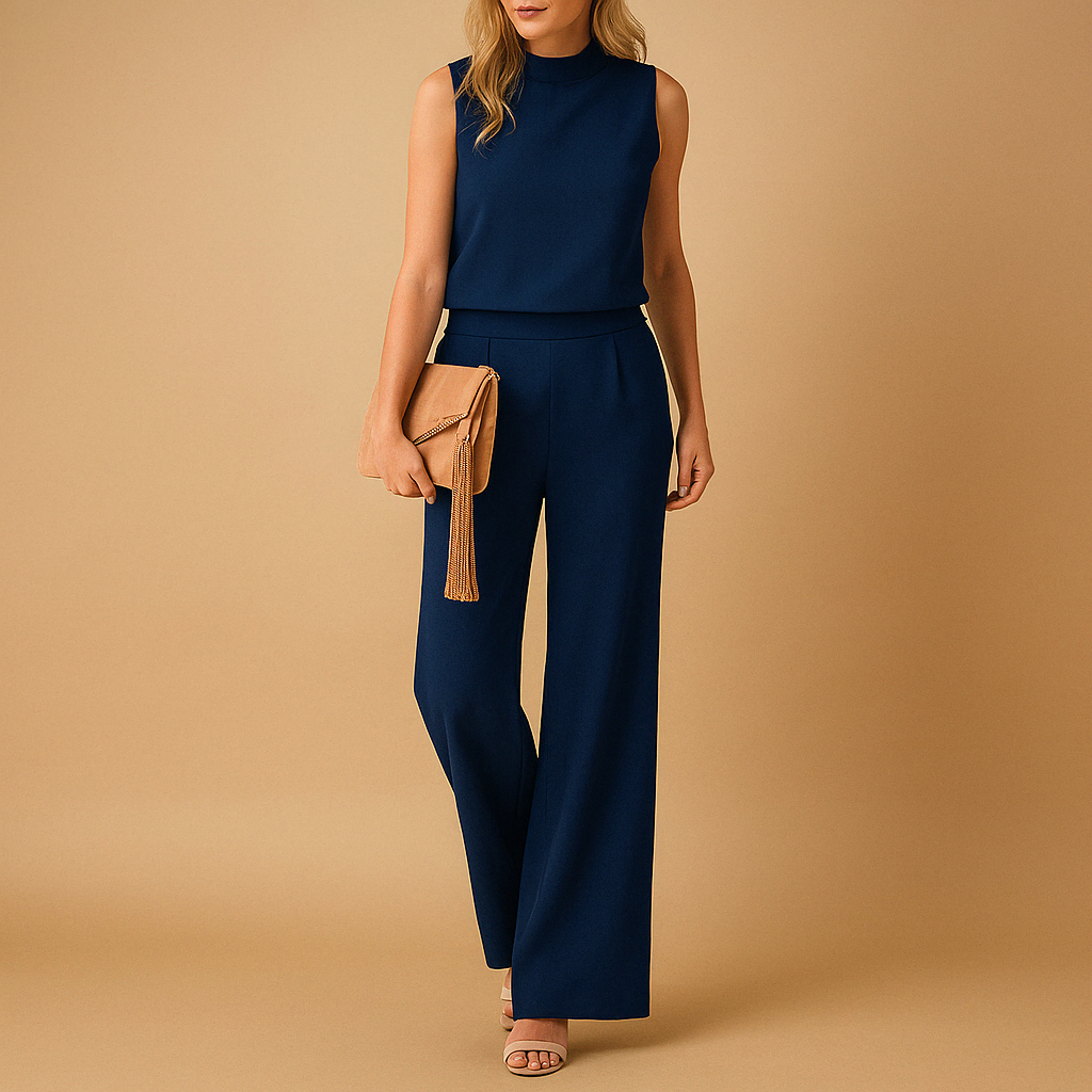 Elegant women’s jumpsuit with wide legs and round neckline in pink, red, blue, or black, perfect for work or stylish evenings out.
